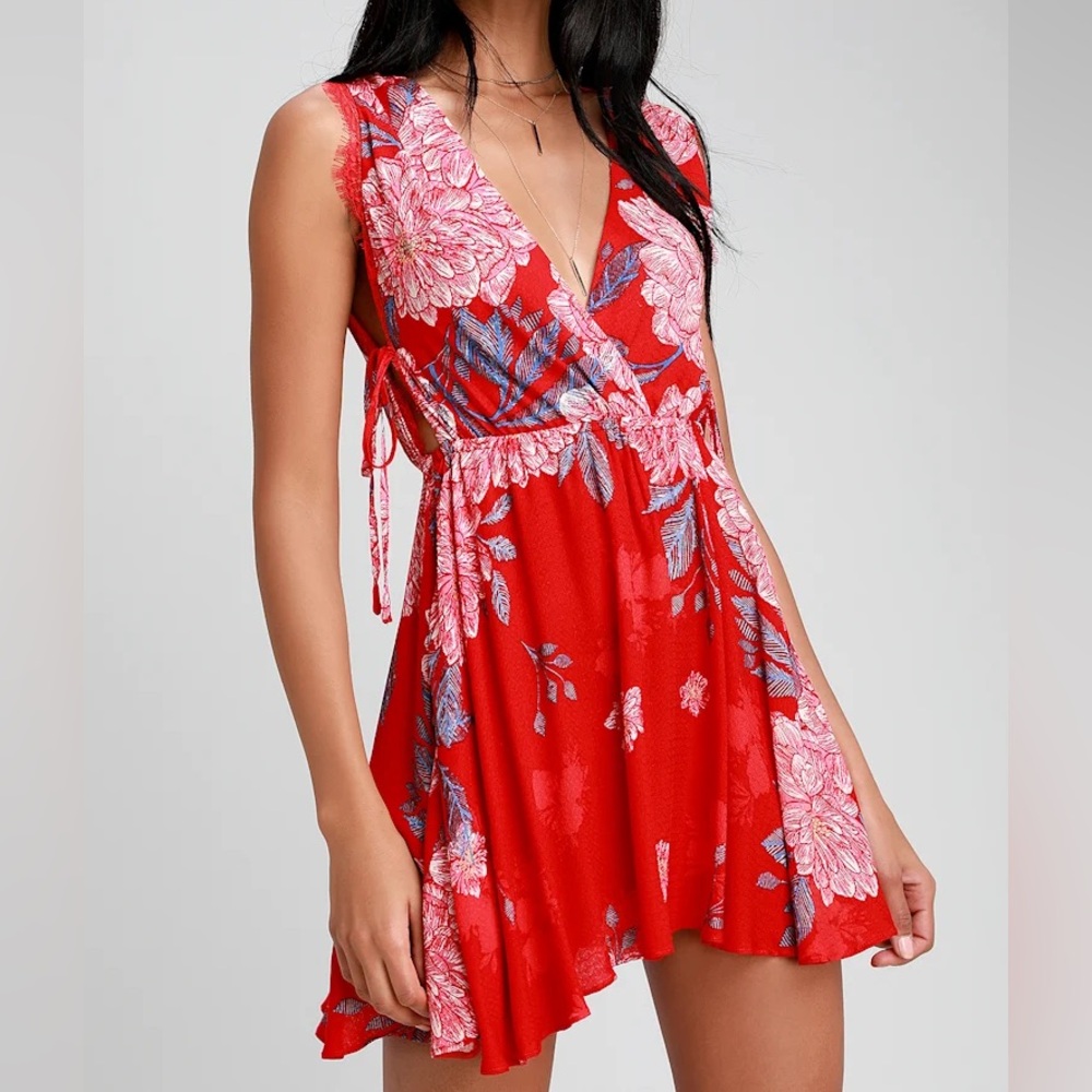 Free People Red Floral V-Neck Dress with Blue Accents - Picture 2 of 9